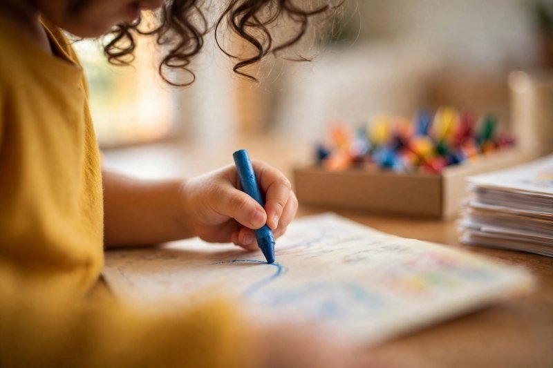 Girl rainbow-tracing a letter in a second bright color over the first.