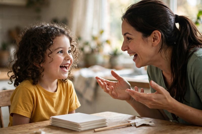 Mother telling the magic-e story to her curly-haired daughter at their kitchen table.