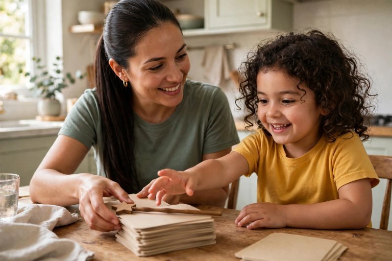 Mother stacking the blank word cards while her daughter reaches for one last turn.