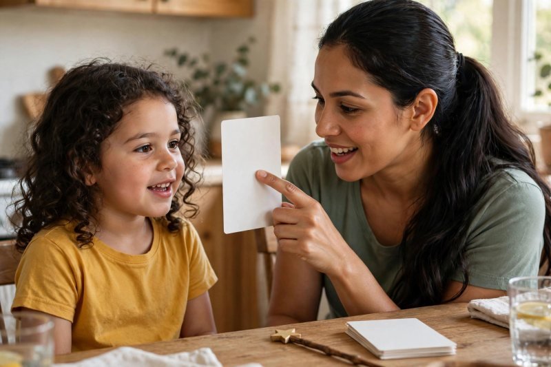 Mother holding up a blank word card, tracing it as she and her daughter read together.