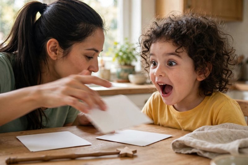 Mother sliding a second blank card beside the first as her daughter gasps in delight.