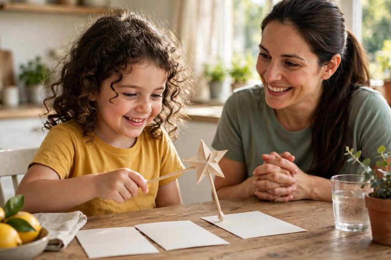 Girl tapping a blank word card with her star-topped wand while her mother watches proudly.