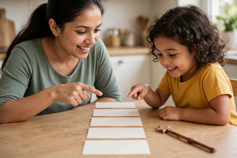Mother and daughter pointing down a column of blank word cards, reading the list together.