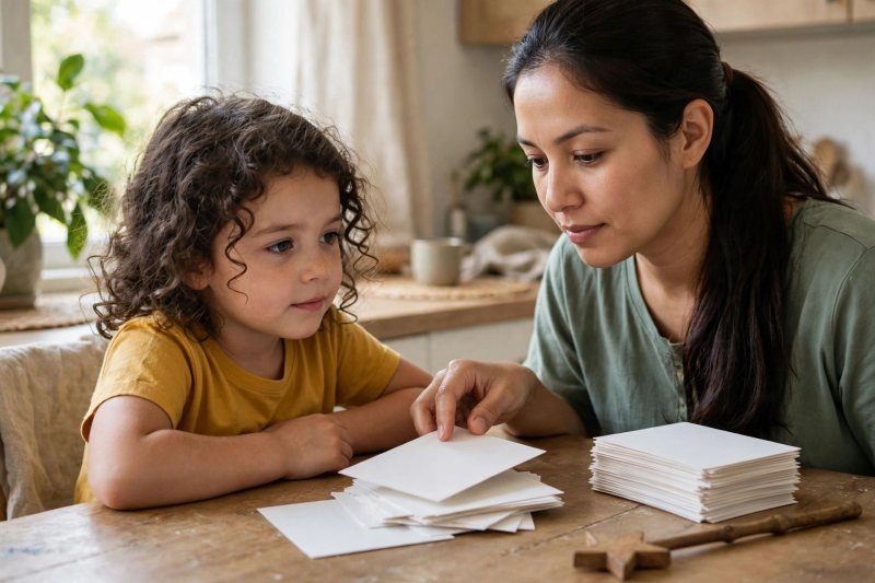 Mother setting down a fresh pile of blank cards while her daughter watches calmly.