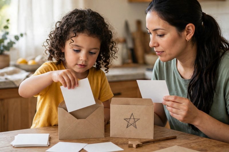 Girl dropping a blank card into a plain envelope beside a star-decorated envelope.