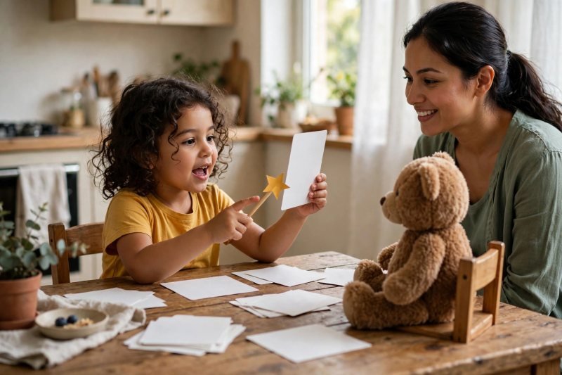 Girl teaching a teddy bear, holding a blank card and her star wand at the table.