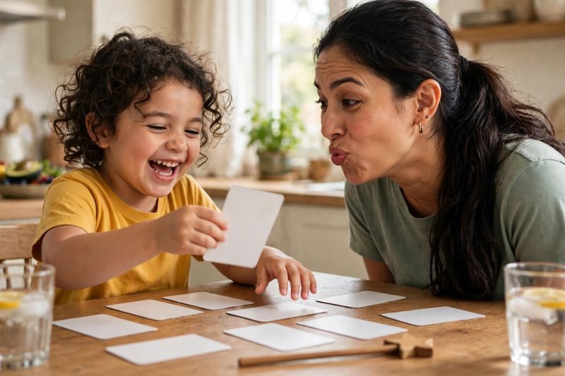 Mother and daughter laughing mid-game, spreading blank face-down word cards across the table.