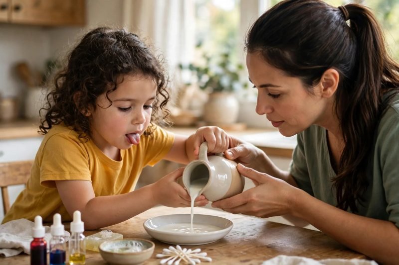 Girl pouring milk from a small jug into a shallow dish while mother steadies it