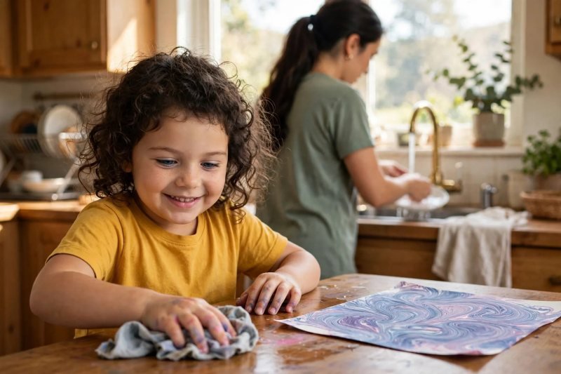 Girl wiping the table with a damp cloth while mother rinses the dish behind her
