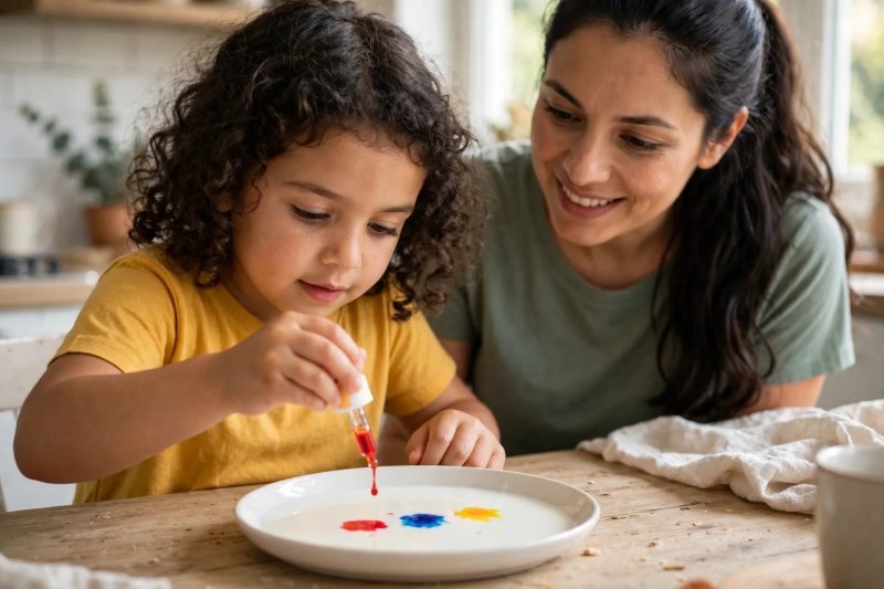 Girl squeezing red food-coloring drops onto milk already dotted with blue and yellow