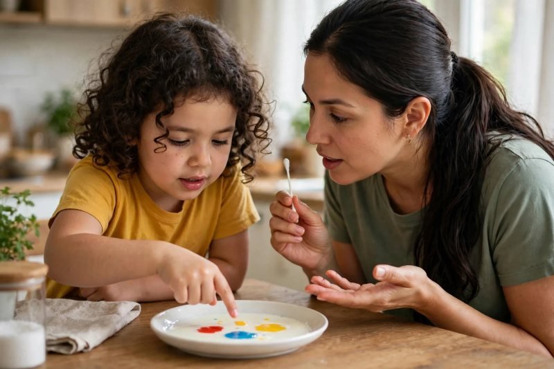 Mother holding a cotton swab while her daughter guesses what will happen to color drops