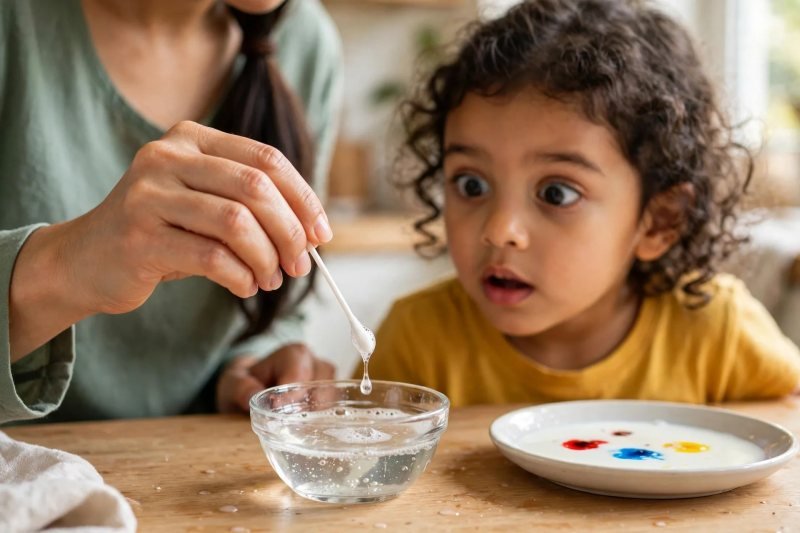 Mother dipping a cotton swab into a small bowl of dish soap while daughter watches