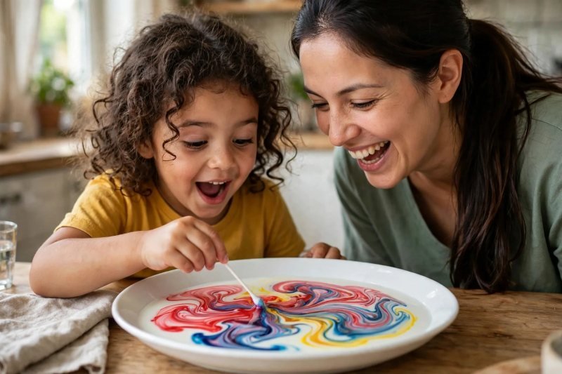 Girl touching a soapy swab to the milk as colors burst outward in swirling ribbons