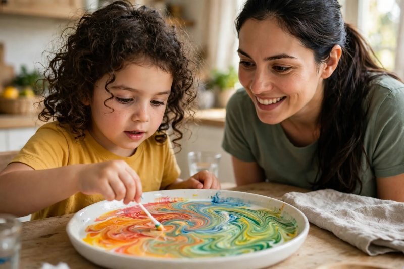 Girl touching a fresh soapy swab to a new spot while colors stream away