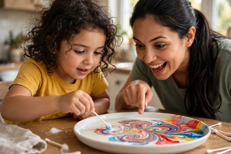 Girl dragging a swab through the milk to marble the colors into orange and green