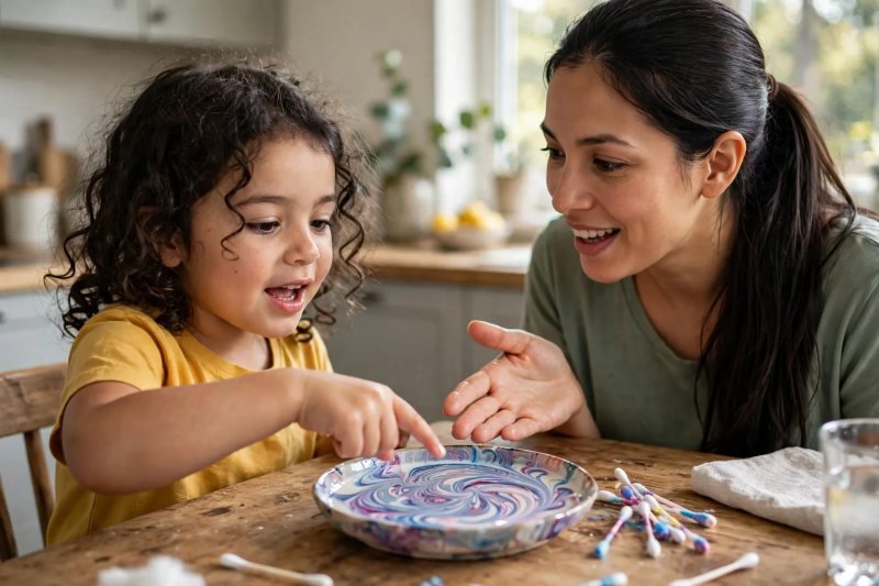 Mother and daughter discussing the marbled milk dish together at the kitchen table