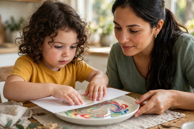 Girl laying white paper onto the marbled milk to lift a colorful marbled print