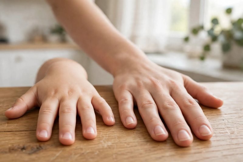Small child and mother measure a wooden table with flat hand spans