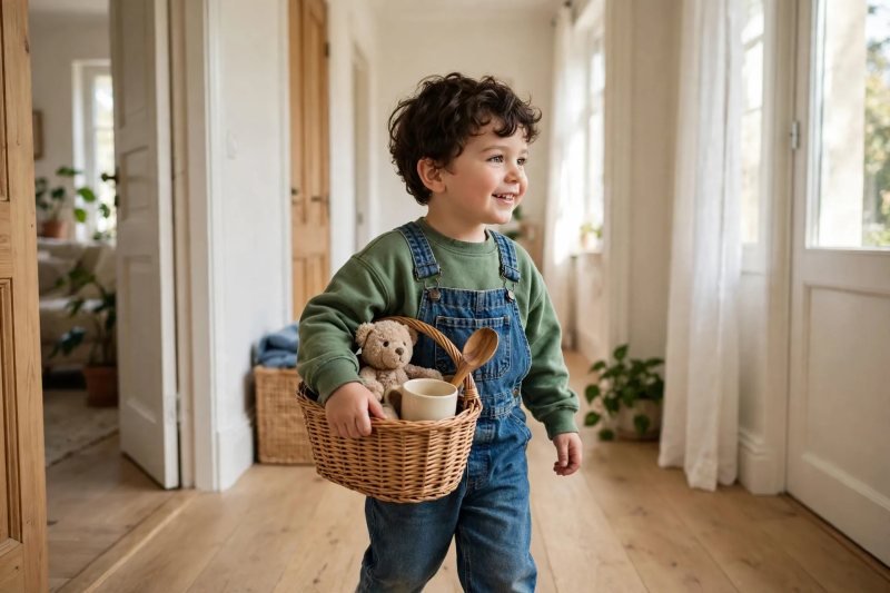 Smiling boy carries a wicker basket of objects on a measurement scavenger hunt