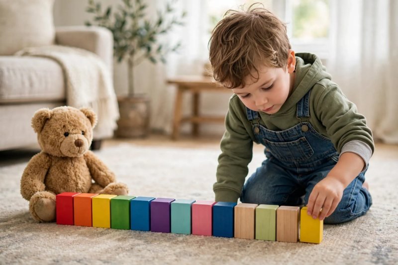 Boy builds a block train beside a teddy bear for measurement activities for preschoolers