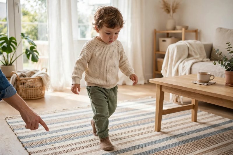 Toddler steps heel-to-toe across a striped rug while a parent points along the path