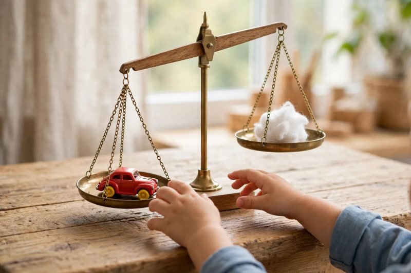 Child's hands near a brass balance scale holding a toy car and cotton ball