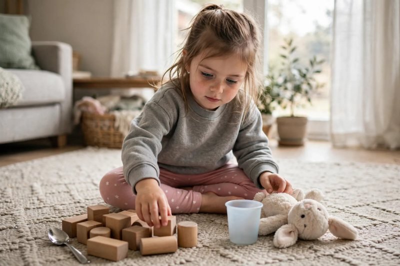 Girl sorts wooden blocks, a spoon, a bunny, and a cup into piles on a carpet