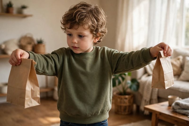 Boy holds a paper bag in each hand, comparing which one feels heavier