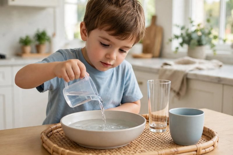 Boy pours water from a pitcher into a wide bowl, comparing container capacities on a tray