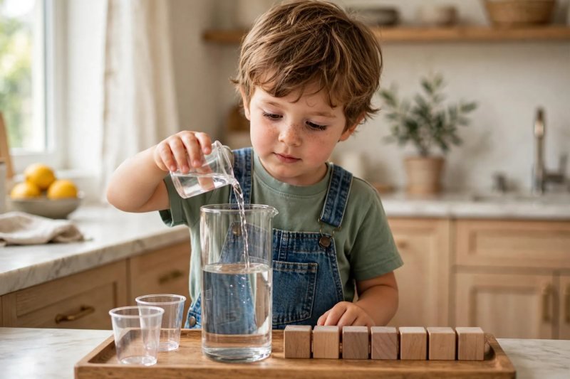 Child pours cups of water into a tall jug, lining up blocks to count the scoops