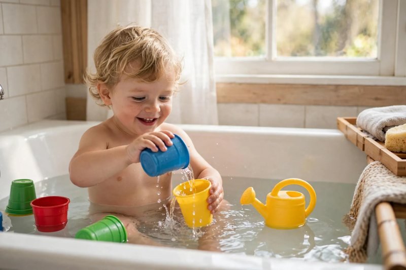 Smiling toddler pours water between colorful cups during bath-time capacity play