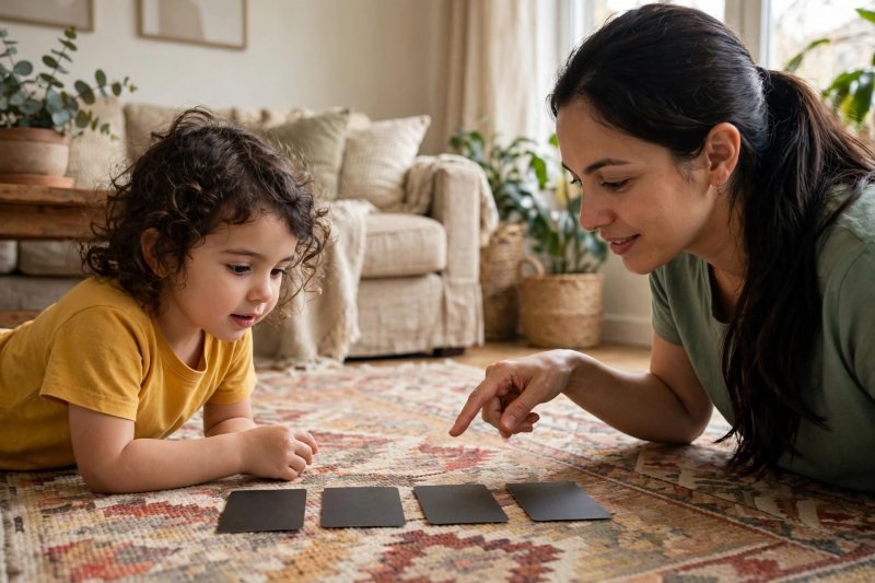 Mother laying memory cards face down while preschool girl watches closely