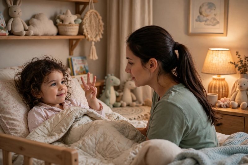 Girl in bed recalling three things while mother sits beside her