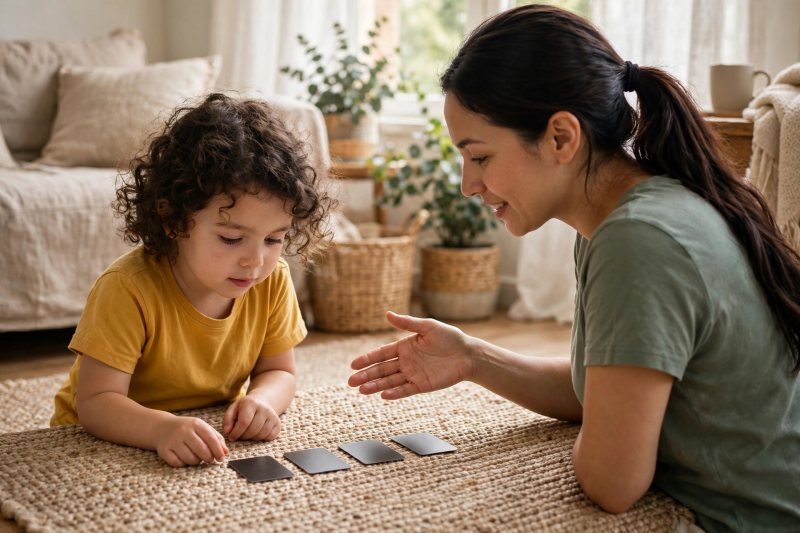 Four face-down cards in a row for a tiny first memory game