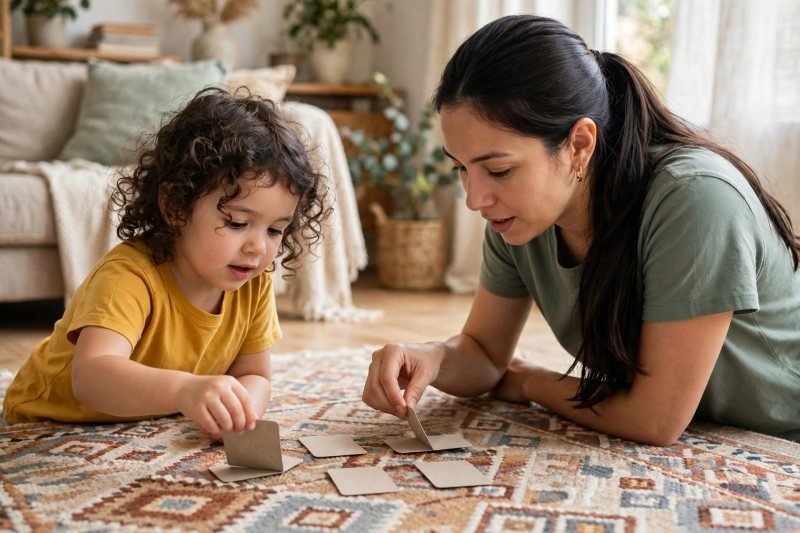 Mother and preschool daughter flipping memory cards together as a team