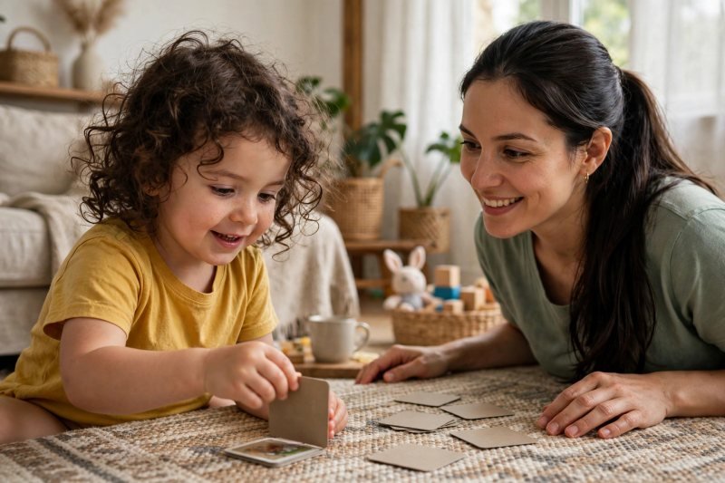 Preschool girl flipping a memory card by herself while mother watches