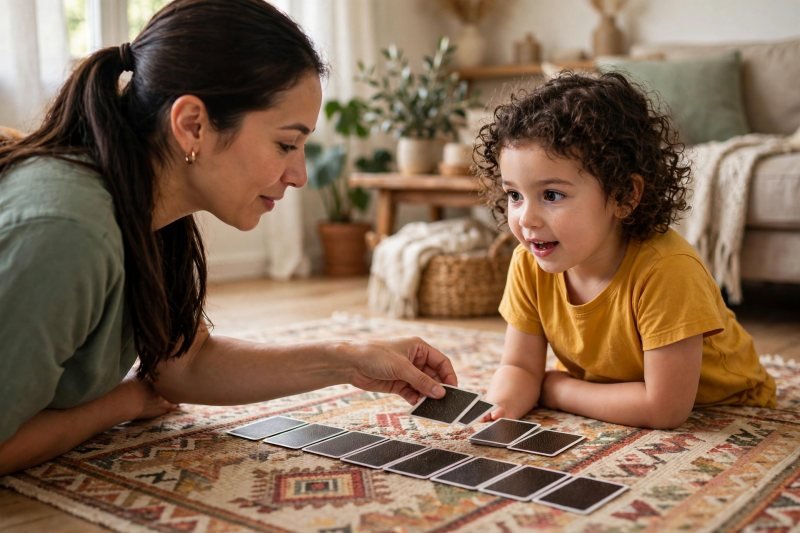 Mother adding one extra card pair to the small memory game row