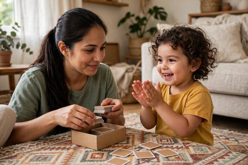Mother stacking cards away while girl claps after a fun win