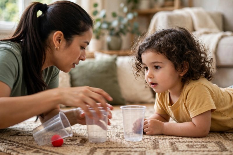 Mother shuffling cups hiding a red pom-pom while girl watches