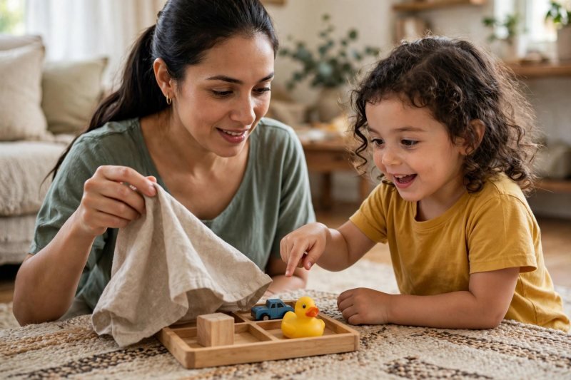 Girl pointing at tray toys after mother lifts the cloth cover