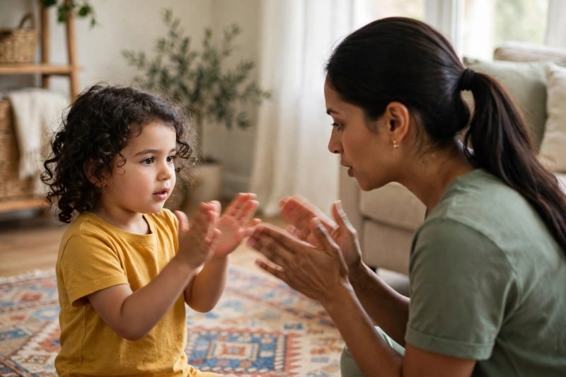 Mother and daughter copying clapping rhythms in a listening game