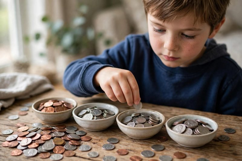 Child sorting pennies, nickels, dimes and quarters into four bowls