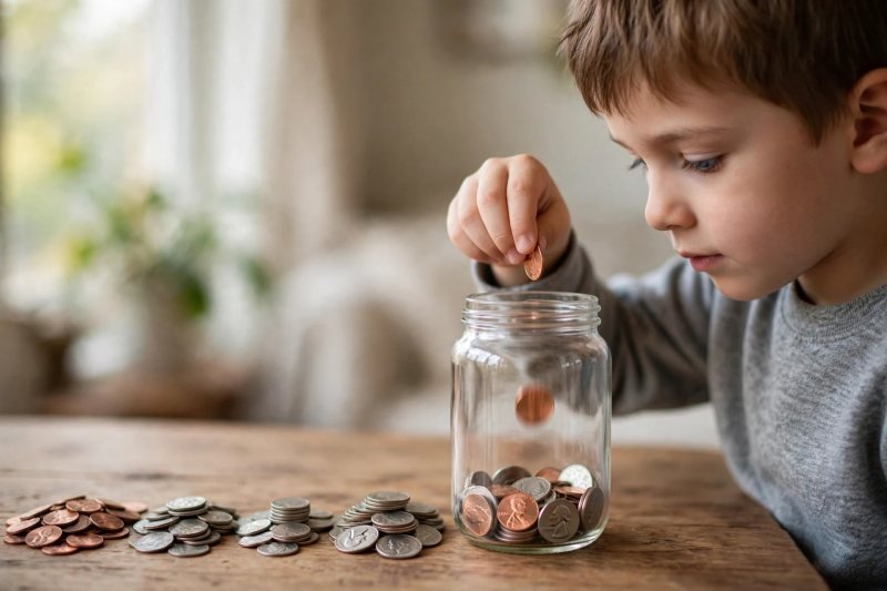 Little girl dropping coins into a jar after counting the till