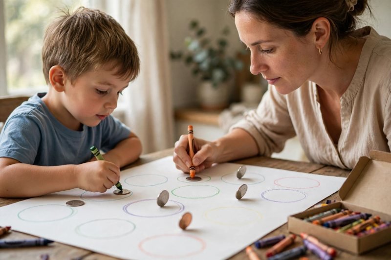 Parent and child tracing coins onto a homemade coin chart together