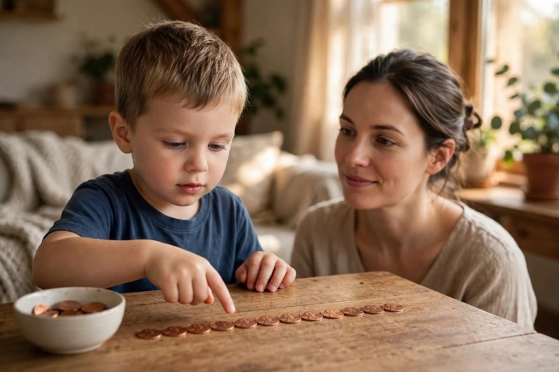 Boy lining up pennies in a row while pointing at each coin