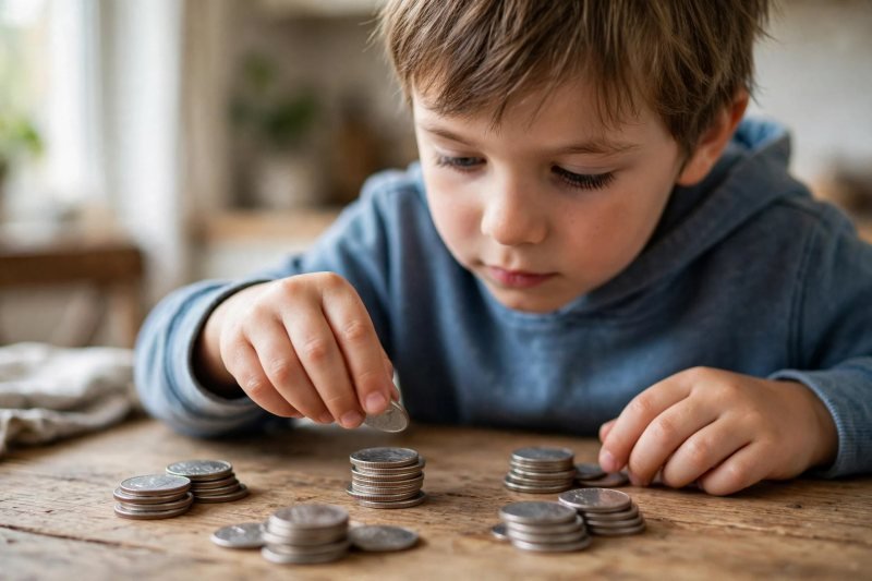 Child stacking nickels and counting by fives at the table