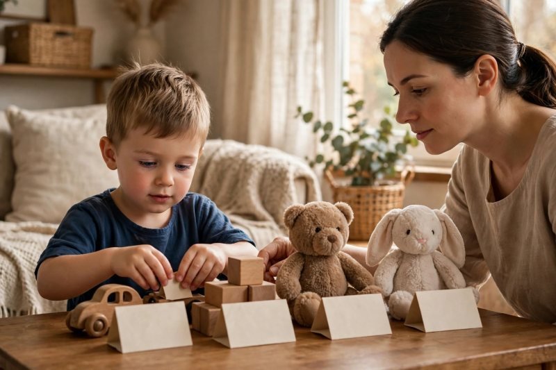 Boy arranging toys and blank folded price tags on play shop