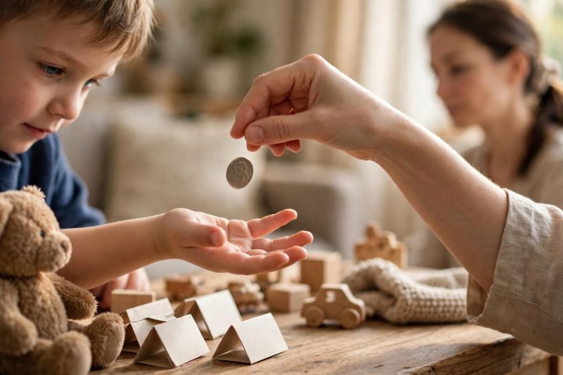 Mother dropping a nickel into her son's open hand at play shop