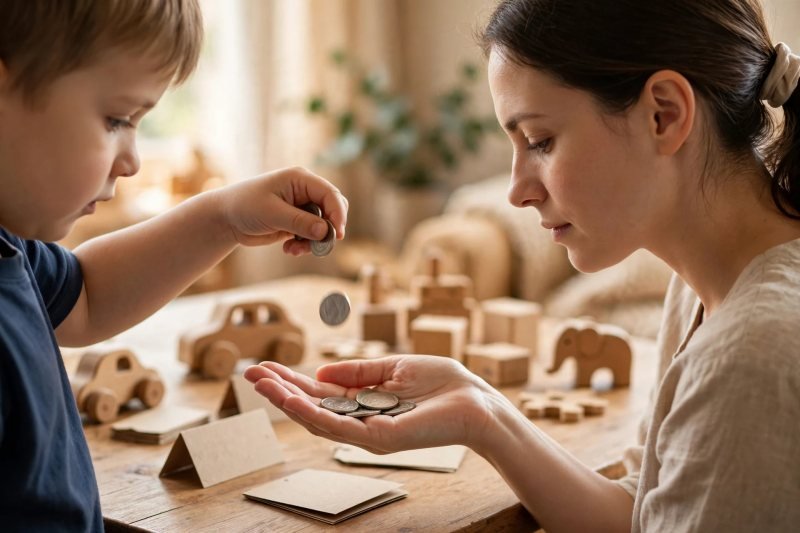 Boy counting coins back as change into his mother's open palm