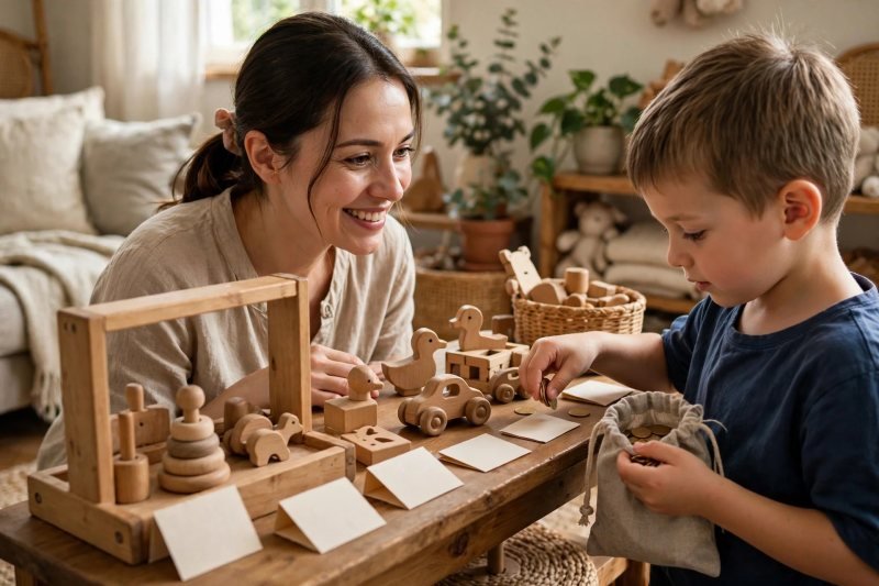 Mother as shopkeeper while her son shops with coin purse